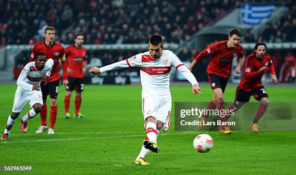 Vedad Ibisevic of Stuttgart scores his teams first goal from the penalty spot during the Bundesliga match between Bayer 04 Leverkusen and VfB...