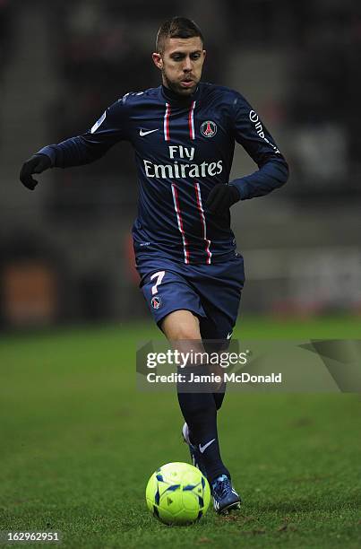 Jeremy Menez of Paris Saint-Germain in action during the Ligue 1 match between Stade de Reims Champagne v Paris Saint-Germain FC at Stade Auguste...