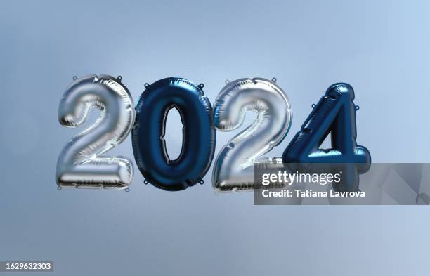 festive blue background with foil balloon numbers 2024 and glitter. 3d rendered image. christmas decoration wallpaper. minimalistic seasonal winter composition - christmas cards stock pictures, royalty-free photos & images