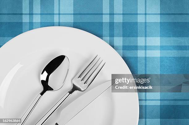 table setting on plaid tablecloth - serveerschaal stockfoto's en -beelden