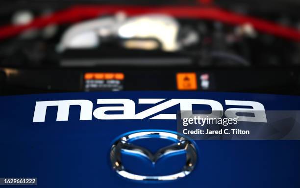 Detailed view of a Mazda logo during the Mazda MX-5 Cup Test at Martinsville Speedway on August 21, 2023 in Martinsville, Virginia.