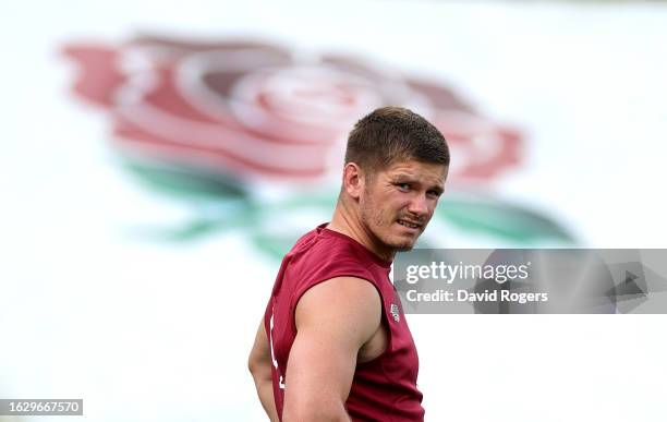 Owen Farrell, the England captain looks on during the England training session held at Pennyhill Park on August 21, 2023 in Bagshot, England.