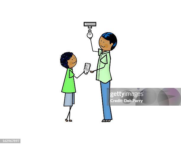 changing bulbs with dad - changing energy efficient lightbulb stock illustrations