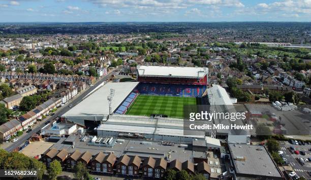 An aerial view of Selhurst Park prior to the Premier League match between Crystal Palace and Arsenal FC at Selhurst Park on August 21, 2023 in...
