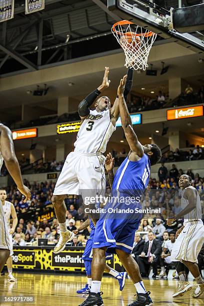 University of Central Florida guard Isaiah Sykes goes up to the basket against Memphis in the second half at the UCF Arena in Orlando, Florida,...