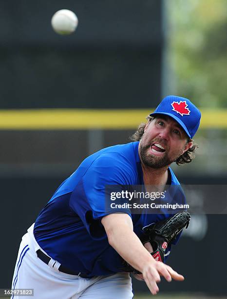 Dickey of the Toronto Blue Jays pitches during a spring training game against the Philadelphia Phillies at Florida Auto Exchange Stadium on March 2,...