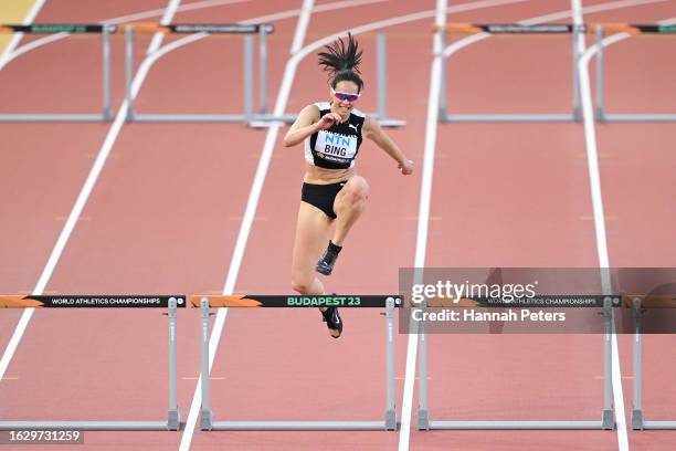 Portia Bing of Team New Zealand competes in the Women's 400m Hurdles Heats during day three of the World Athletics Championships Budapest 2023 at...