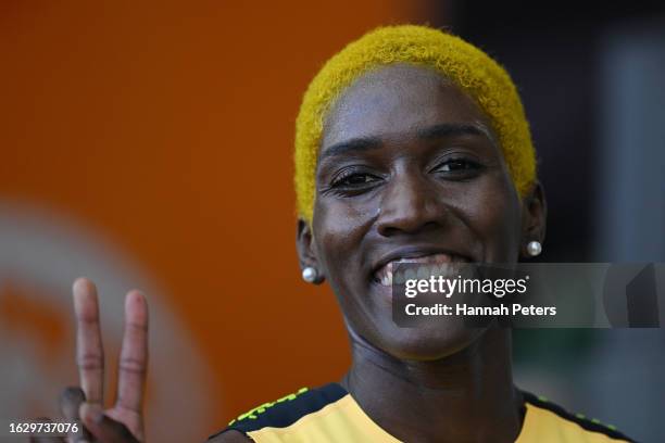 Janieve Russell of Team Jamaica reacts in the Women's 400m Hurdles Heats during day three of the World Athletics Championships Budapest 2023 at...