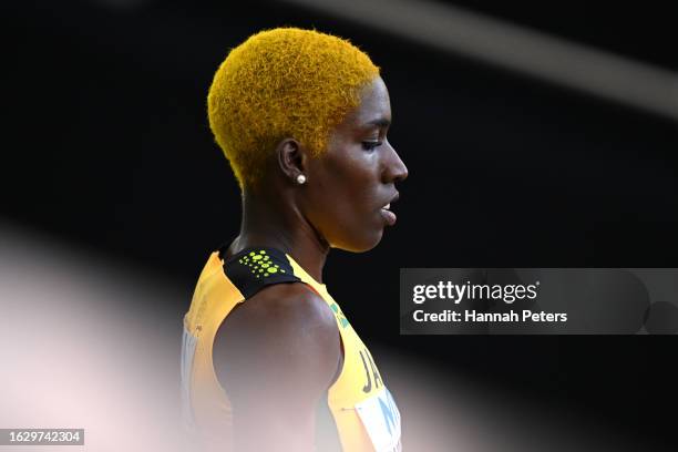 Janieve Russell of Team Jamaica reacts in the Women's 400m Hurdles Heats during day three of the World Athletics Championships Budapest 2023 at...