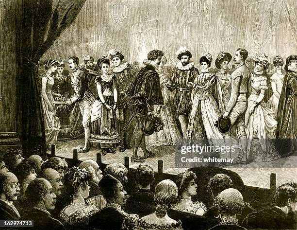 victorian theatrical performance with audience - auditorium stock illustrations