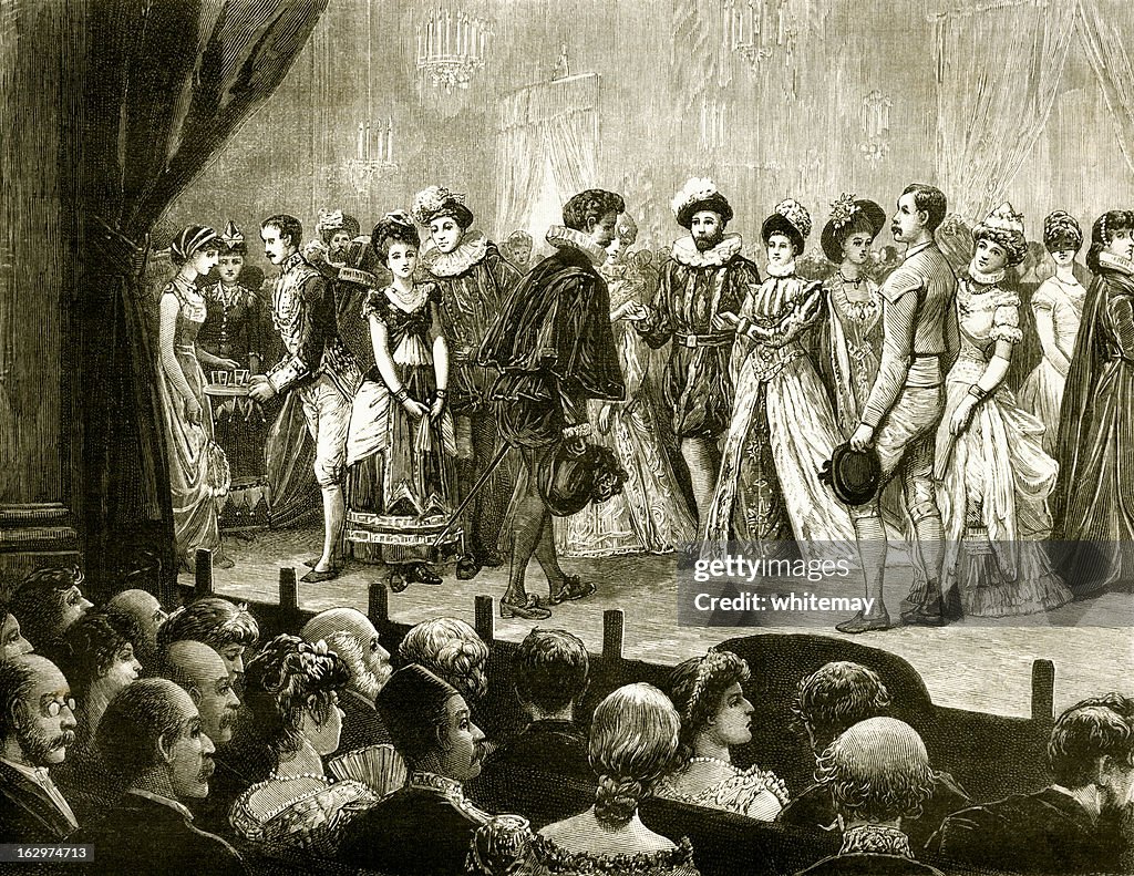 Victorian theatrical performance with audience