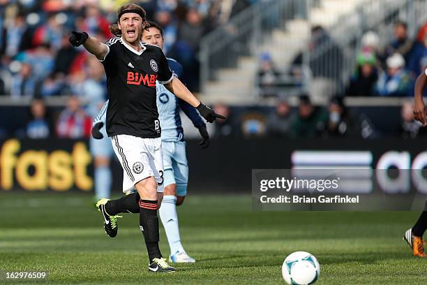 Jeff Parke of Philadelphia Union shouts to a teammate during the MLS game against the Sporting Kansas City at PPL Park on March 2, 2013 in Chester,...