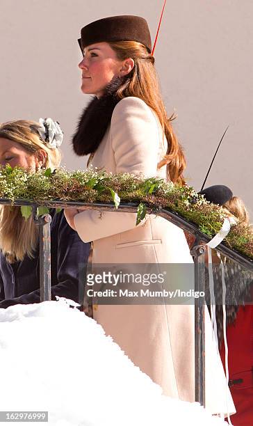 Catherine, Duchess of Cambridge attends the wedding of Laura Bechtolsheimer and Mark Tomlinson at the Protestant Church on March 2, 2013 in Arosa,...