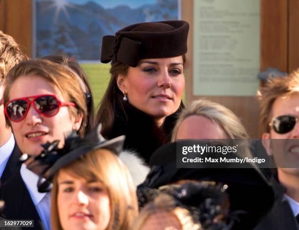 Catherine, Duchess of Cambridge attends the wedding of Laura Bechtolsheimer and Mark Tomlinson at the Protestant Church on March 2, 2013 in Arosa,...