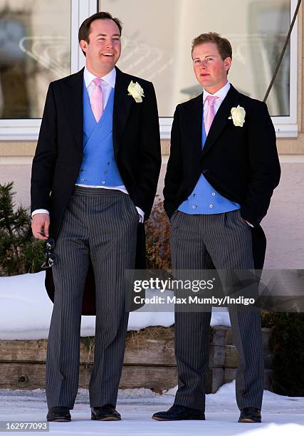 James Murray Wells and Guy Pelly attend the wedding of Laura Bechtolsheimer and Mark Tomlinson at the Protestant Church on March 2, 2013 in Arosa,...