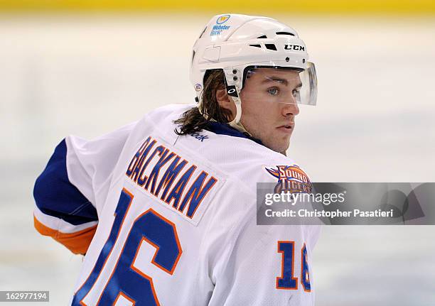 Sean Backman of the Bridgeport Sound Tigers prior to an American Hockey League game against the Adirondack Phantoms on March 2, 2013 at the Webster...