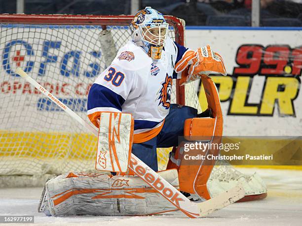 Kenny Reiter of the Bridgeport Sound Tigers looks on prior to an American Hockey League game against the Adirondack Phantoms on March 2, 2013 at the...