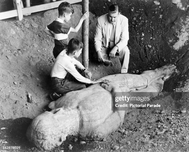 The Cardiff Giant, famous hoax of the 1860's, is still a leading attraction at the Farmer's Museum in Cooperstown, New York, 1955.