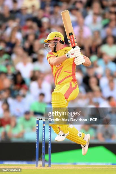 Sam Hain of Trent Rockets Men plays a shot during The Hundred match between Oval Invincibles Men and Trent Rockets Men at The Kia Oval on August 21,...