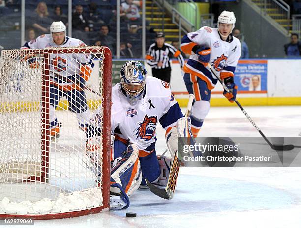 Rick DiPietro of the Bridgeport Sound Tigers makes a save during an American Hockey League game against the Adirondack Phantoms on March 2, 2013 at...