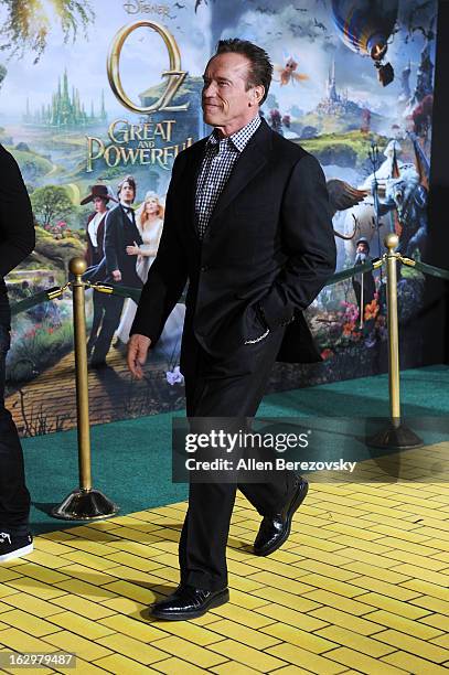 Arnold Schwarzenegger arrives at the Los Angeles Premiere of "Oz The Great and Powerful" at the El Capitan Theatre on February 13, 2013 in Hollywood,...