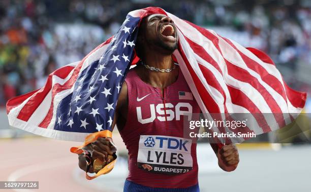 Gold medalist Noah Lyles of Team United States reacts after winning the Men's 100m Final during day two of the World Athletics Championships Budapest...