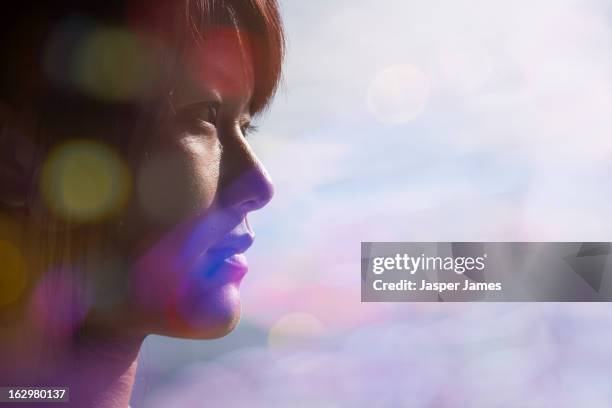 double exposure of womans face - determination imagens e fotografias de stock