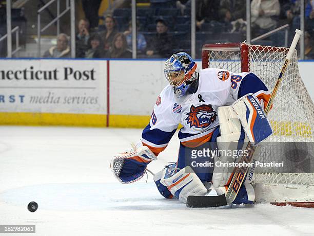 Rick DiPietro of the Bridgeport Sound Tigers prepares to make a save during an American Hockey League game against the Adirondack Phantoms on March...