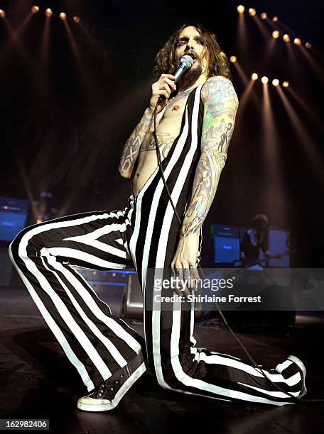 Justin Hawkins of The Darkness performs at Manchester Apollo on March 2, 2013 in Manchester, England.