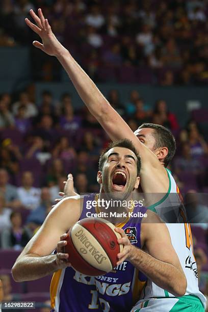 Russell Hinder of the Kings shoots during the round 21 NBL match between the Sydney Kings and the Townsville Crocodiles at Sydney Entertainment...