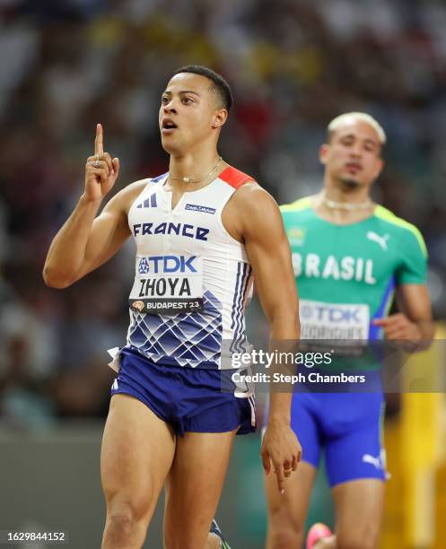 Sasha Zhoya of Team France reacts after competing in the Men's 110m Hurdles Semi Final during day three of the World Athletics Championships Budapest...