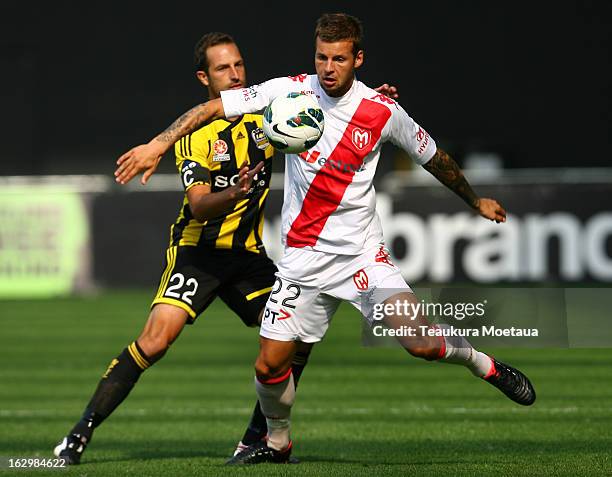 Nick Kalmer of the Melbourne Heart looks to control the ball during the round 23 A-League match between the Wellington Phoenix and the Melbourne...