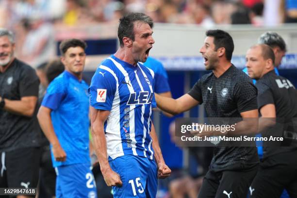 Kike of Deportivo Alaves celebrates after scoring the team's third goal during the LaLiga EA Sports match between Deportivo Alaves and Sevilla FC at...
