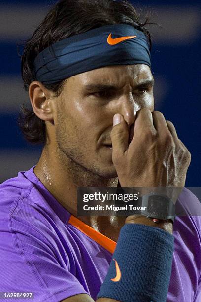 Rafael Nadal of Spain gestures during the final tennis match against David Ferrer of Spain as part of the Mexican Tennis Open Acapulco 2013 at...