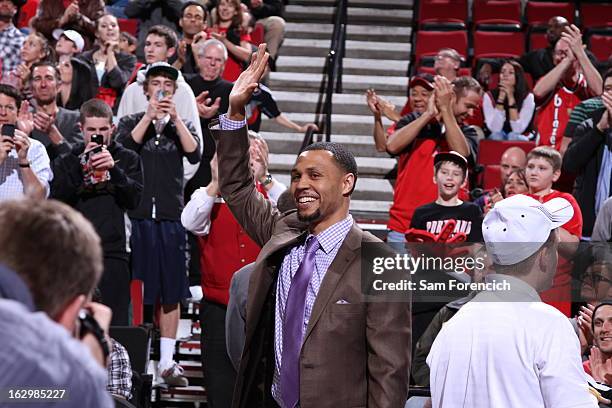 Brandon Roy of the Minnesota Timberwolves greets the crowd before the game against his former team the Portland Trail Blazers on March 2, 2013 at the...