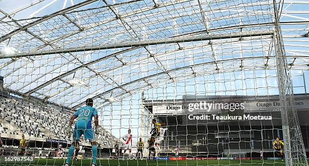 Andrew Durante of the Wellington Phoenix clears the ball during the round 23 A-League match between the Wellington Phoenix and the Melbourne Heart at...