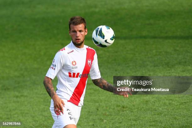 Nick Kalmer of the Melbourne Heart looks to control the ball during the round 23 A-League match between the Wellington Phoenix and the Melbourne...