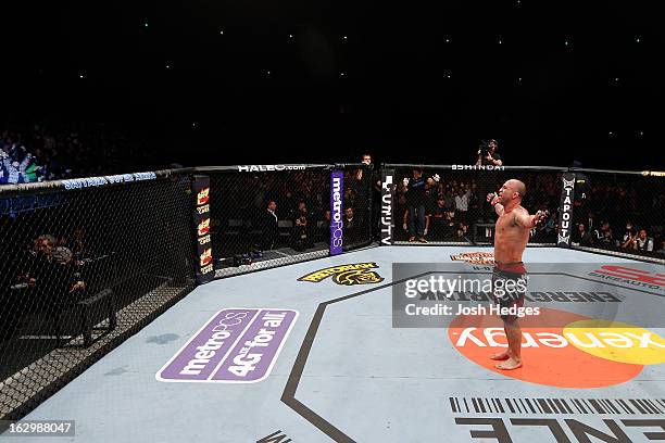 Wanderlei Silva reacts after knocking out Brian Stann in their light heavyweight fight during the UFC on FUEL TV event at Saitama Super Arena on...