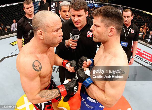 Opponents Wanderlei Silva and Brian Stann face off before their light heavyweight fight during the UFC on FUEL TV event at Saitama Super Arena on...