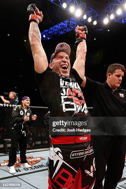 Wanderlei Silva reacts after knocking out Brian Stann in their light heavyweight fight during the UFC on FUEL TV event at Saitama Super Arena on...