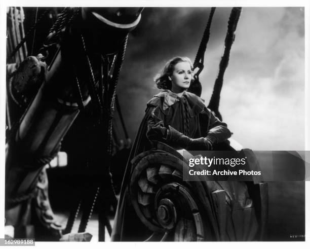 Greta Garbo rides in a ship in a scene from the film 'Queen Christina', 1933.