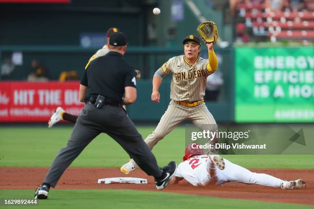 Jordan Walker of the St. Louis Cardinals steals second base against Ha-Seong Kim of the San Diego Padres in the first inning at Busch Stadium on...