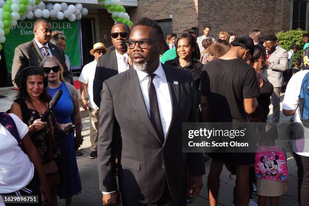 Mayor Brandon Johnson greets students, parents, and staff during the first day of classes at Beidler Elementary School on August 21, 2023 in Chicago,...