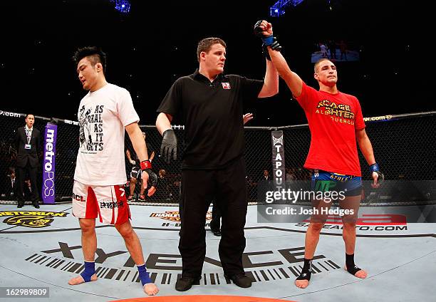 Diego Sanchez reacts after defeating Takanori Gomi in their lightweight fight during the UFC on FUEL TV event at Saitama Super Arena on March 3, 2013...