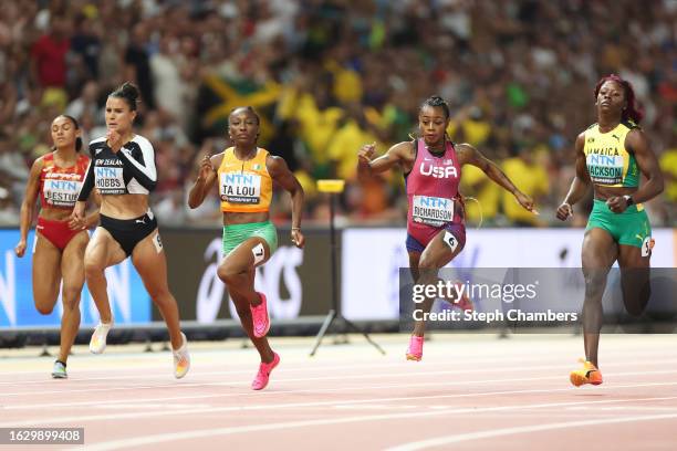 Zoe Hobbs of Team New Zealand, Marie-Josee Ta Lou of Team Ivory Coast, Sha'Carri Richardson of Team United States, and Shericka Jackson of Team...