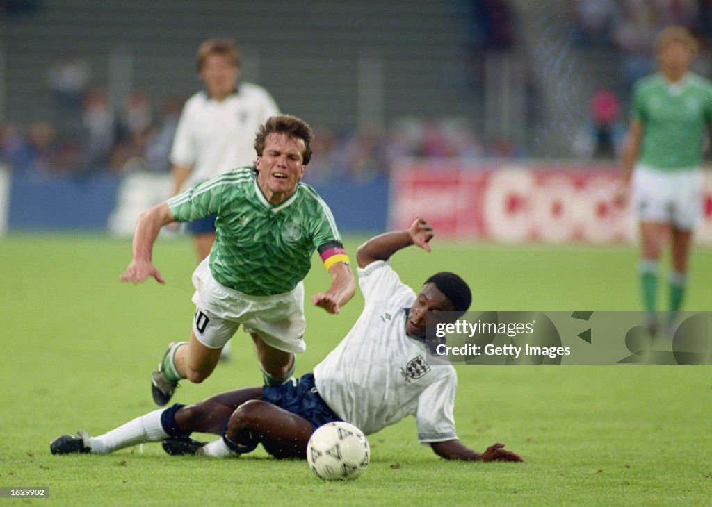 Lothar Matthaus of Germany and Paul Parker of England