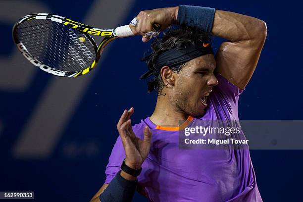 March 02: Rafael Nadal of Spain returns the ball during the final tennis match against David Ferrer of Spain as part of the Mexican Tennis Open...