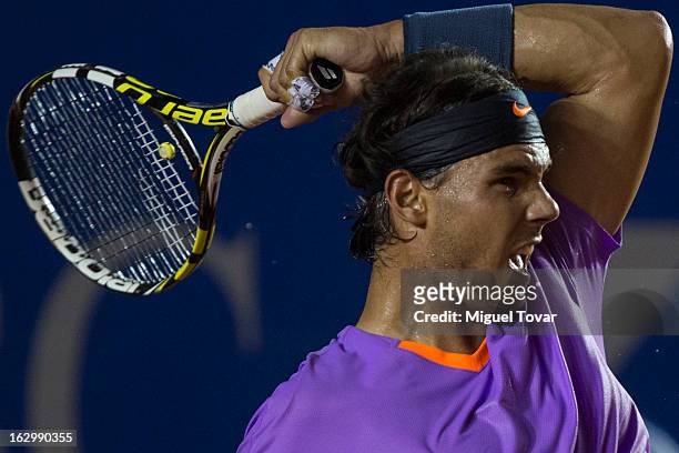 March 02: Rafael Nadal of Spain returns the ball during the final tennis match against David Ferrer of Spain as part of the Mexican Tennis Open...