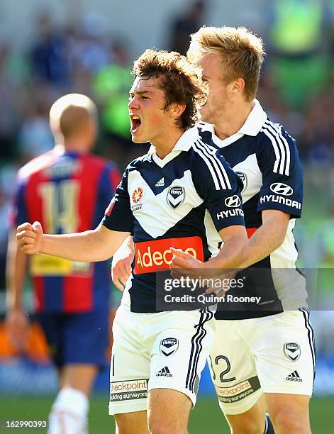 Marco Rojas of the Victory celebrates scoring a goal during the round 23 A-League match between the Melbourne Victory and the Newcastle Jets at AAMI...