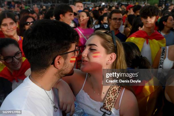 Fans of the Spanish team awaits the team arrival to the victory party for the Spain women's football team after they won the FIFA Women's World Cup...